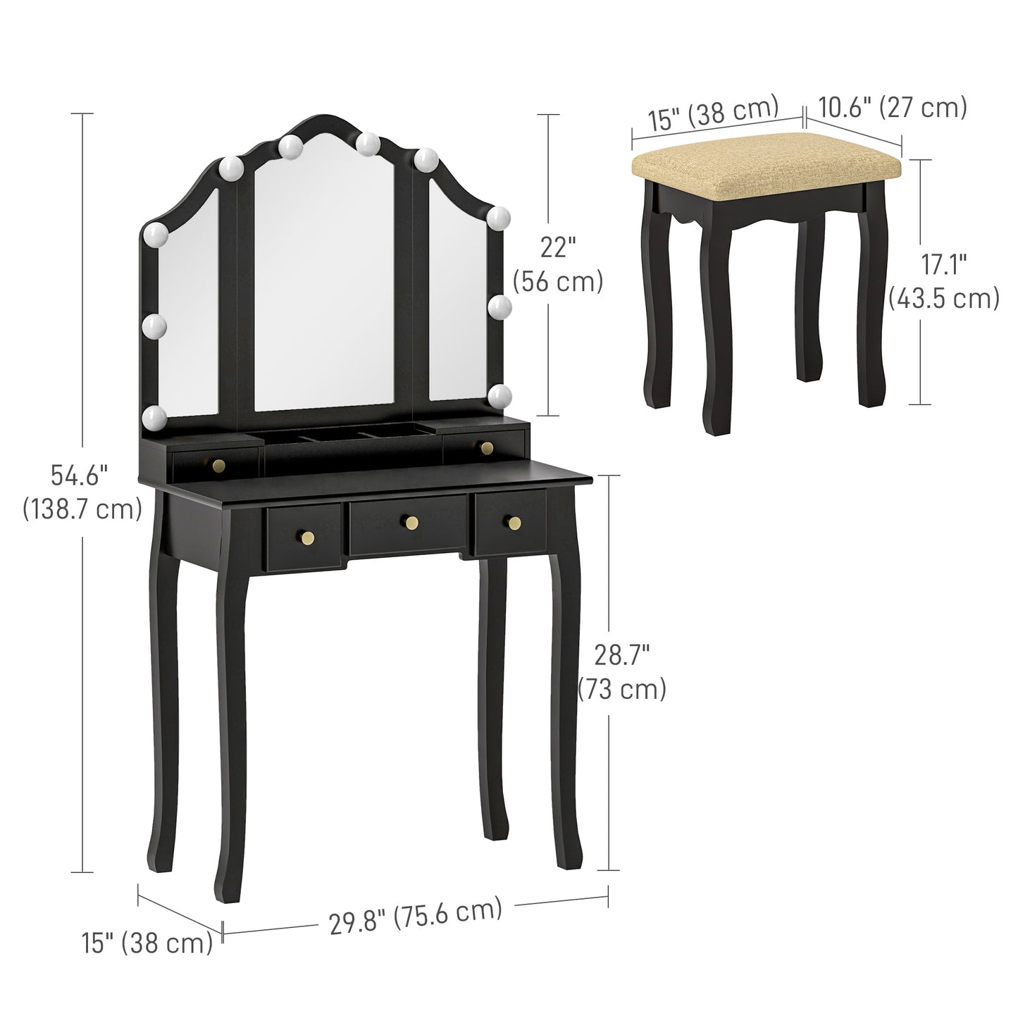 Makeup Vanity Desk with Mirror and Stool, Vanity Set with 10 LED Lights, 5 Drawers and 3 Compartments, Black