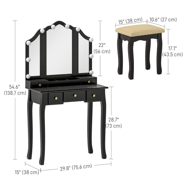 Makeup Vanity Desk with LED Mirror & Stool - Black