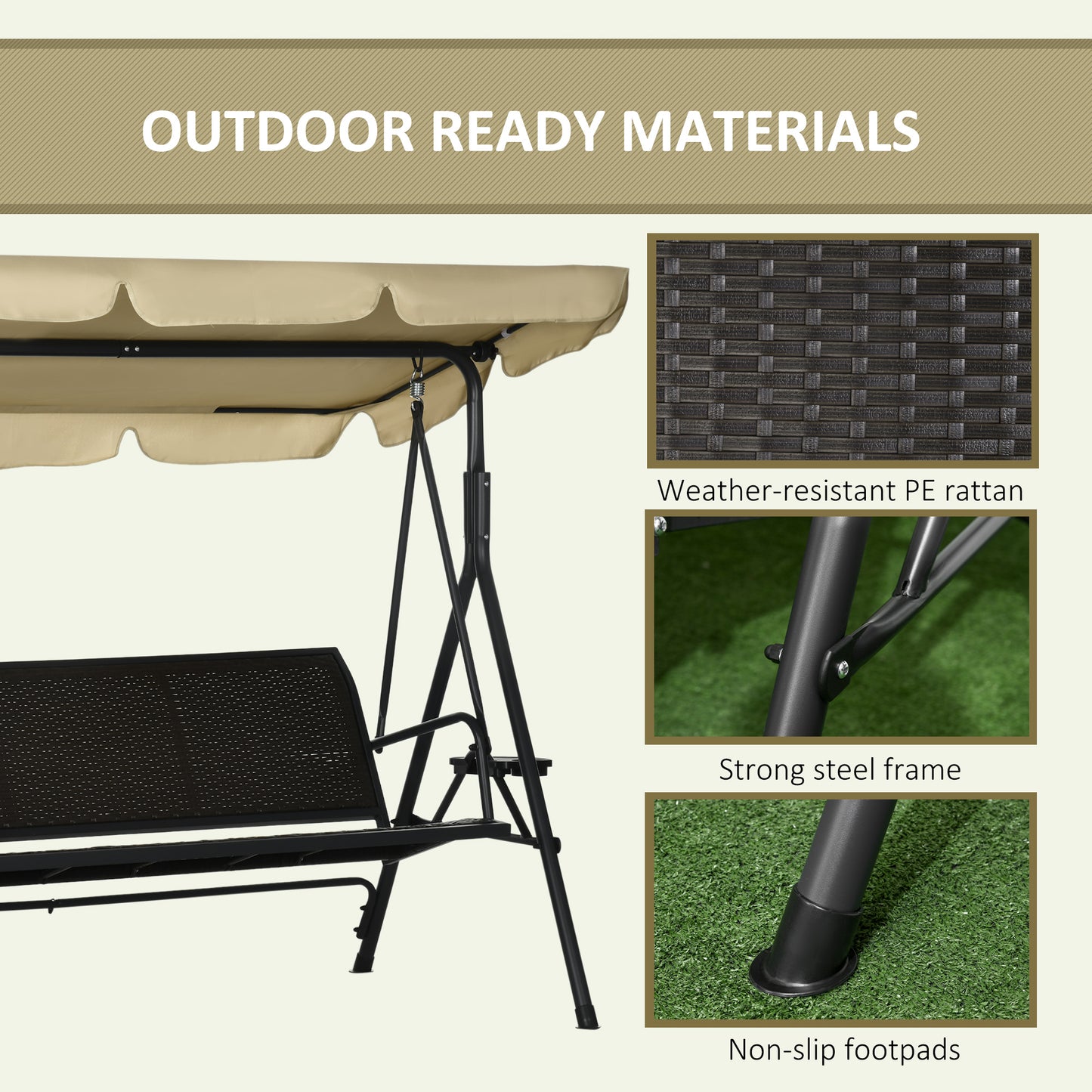 Outdoor 3-Seat Porch Swing with Canopy, Rattan Seat, Removable Cushion, Pillows and Steel Frame
