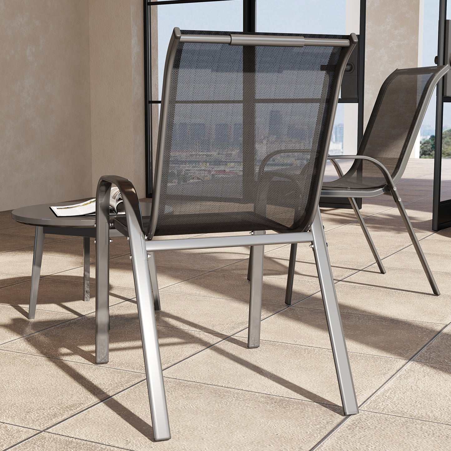 Set of 2 Outdoor Dining Chairs, Stackable Lawn Chairs with High Back, Breathable Mesh Seat for Garden Porch, Black
