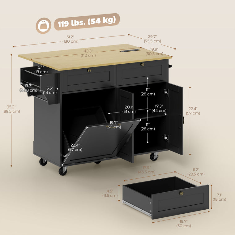 Kitchen Island Cart with Charging Station and Drop Leaf
