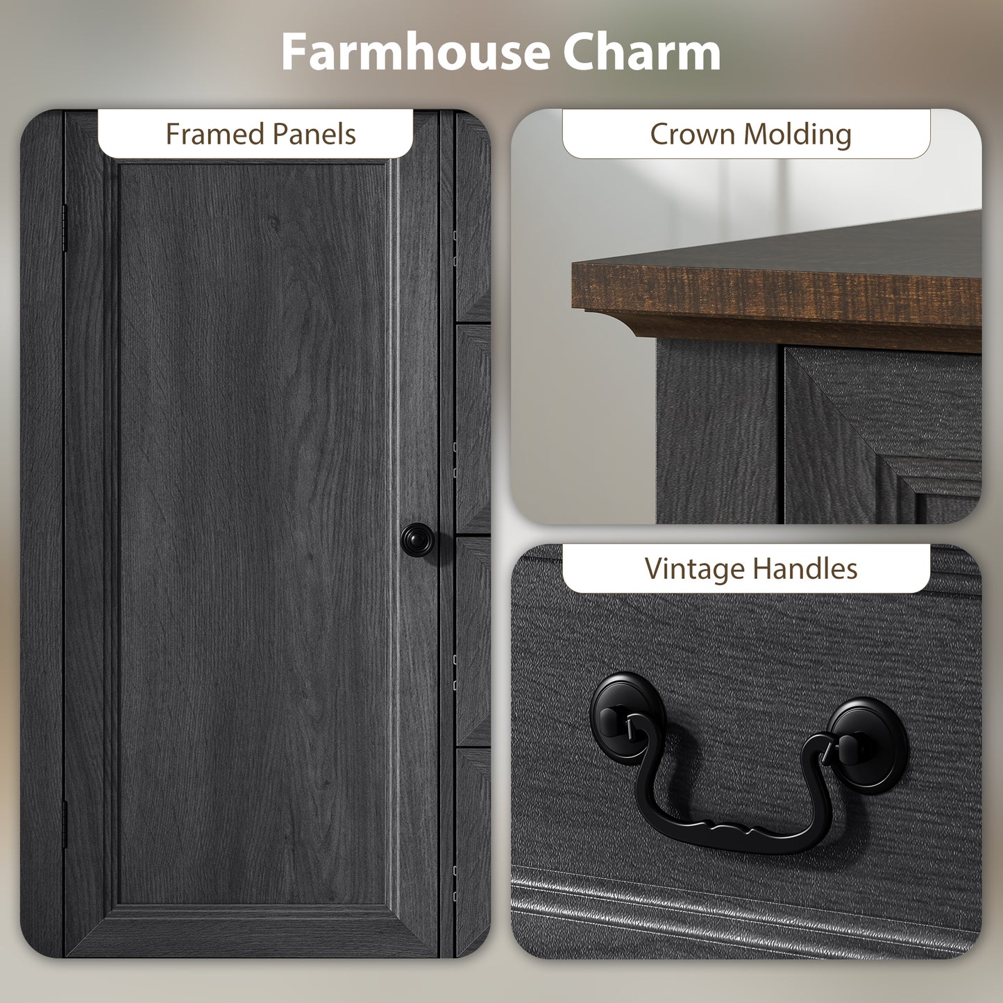 Farmhouse Sideboard with Charging Station, 58" Buffet Cabinet, Kitchen Storage Cabinet with 4 Drawers, 2 Doors, Black