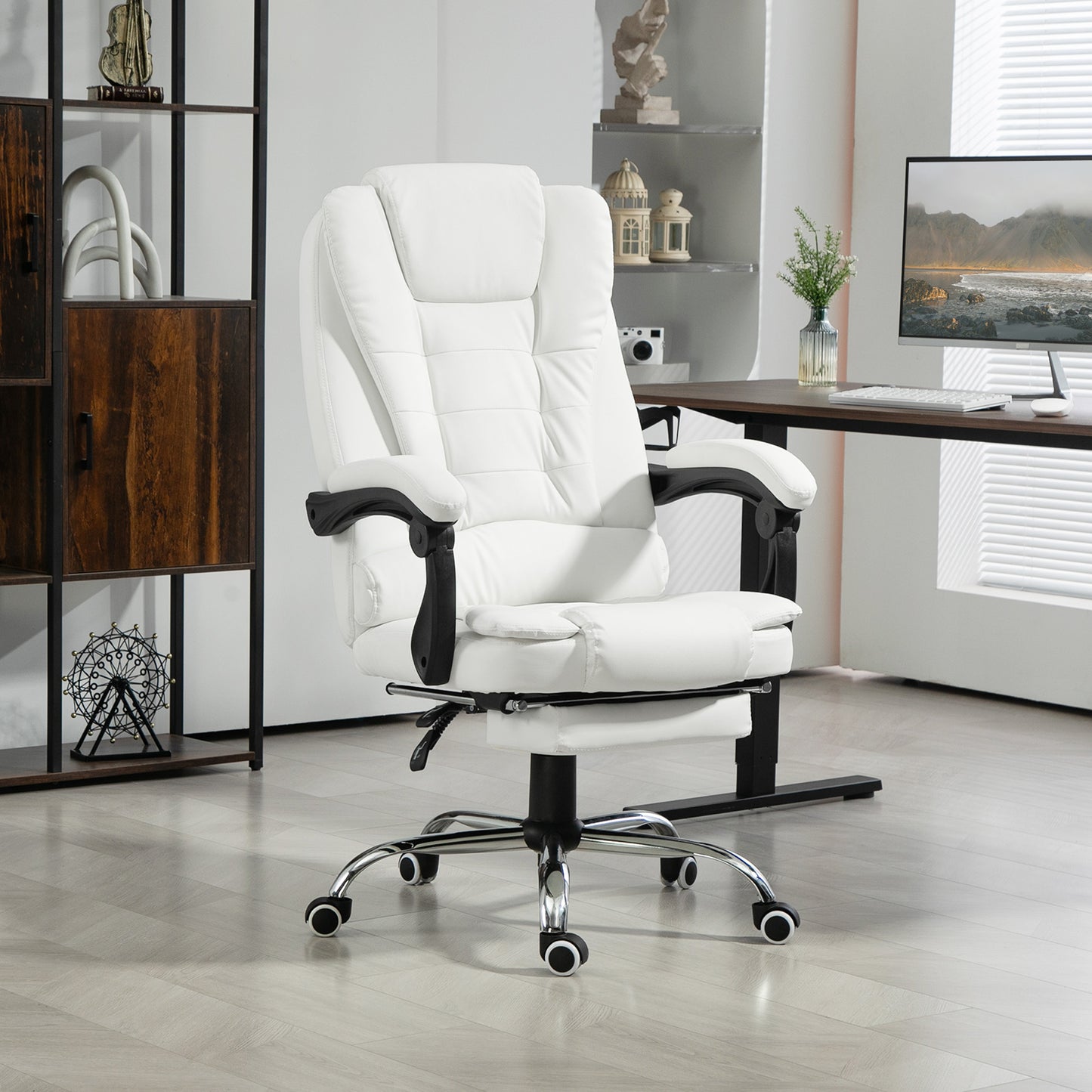 High Back Office Chair PU Leather Executive Office Chair with Retractable Footrest Padded Armrest White