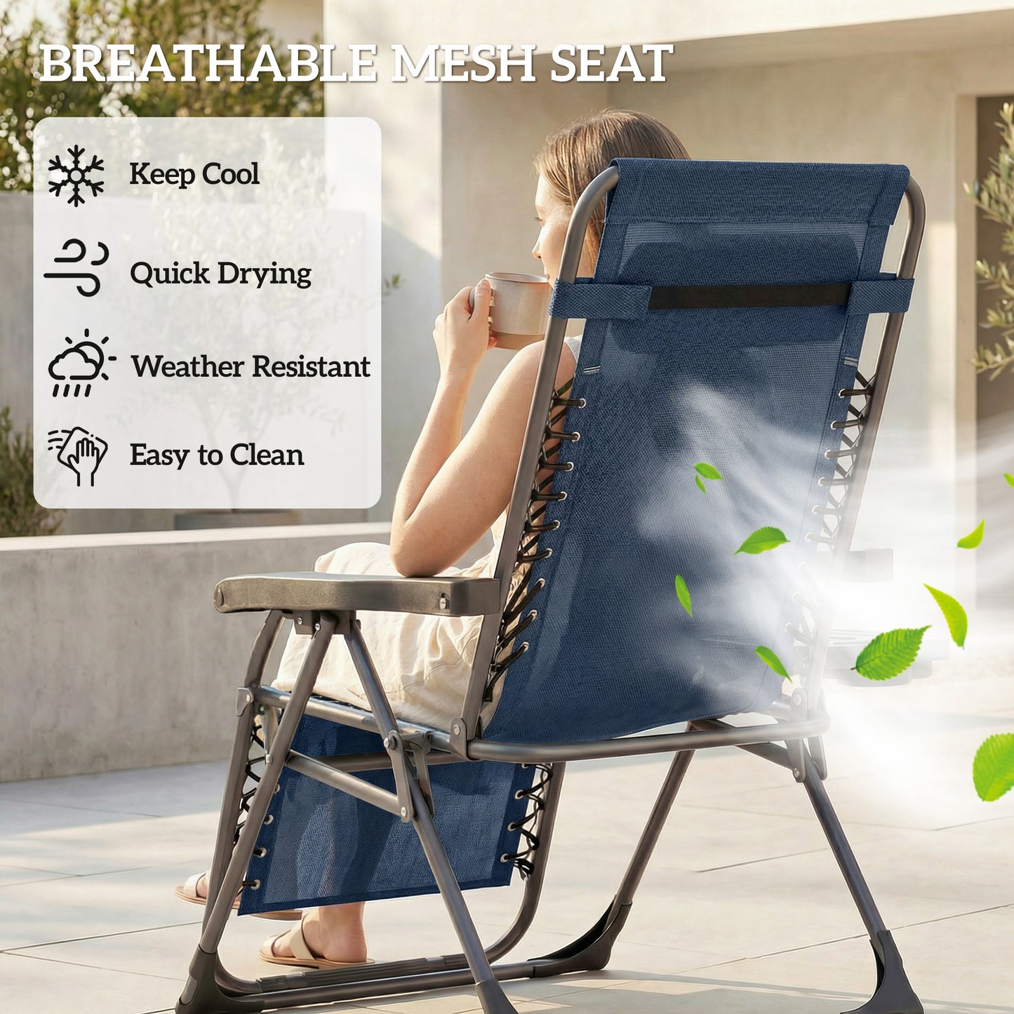 Zero Gravity Chair Set of 2, Folding Reclining Outdoor Lounge Chair with Cup Holder, Headrest, Dark Blue