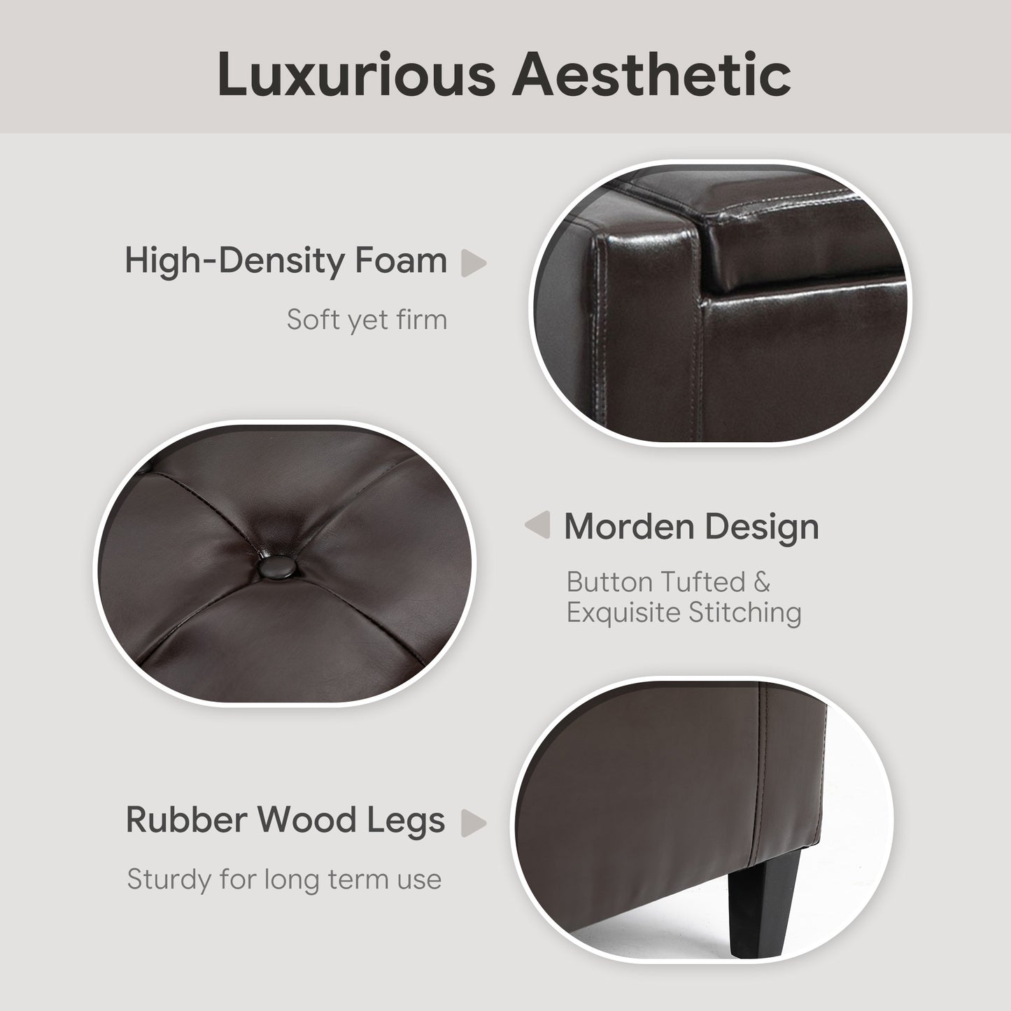 Storage Ottoman Bench, PU Leather Upholstered Bench with Tufted Design, Brown