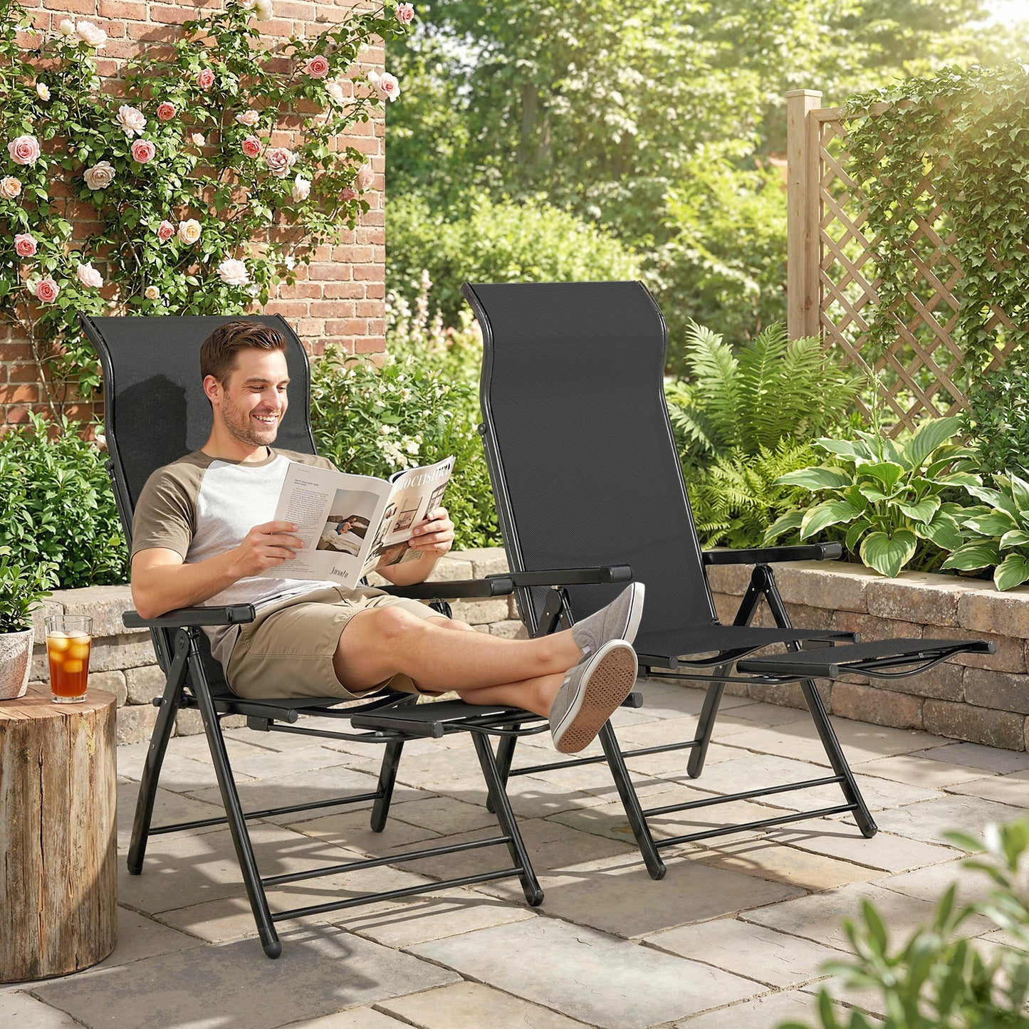 Folding Patio Chairs Set of 2, 5-Position Outdoor Lounge Chairs with High Back, Retractable Footrest, Dark Grey - Black