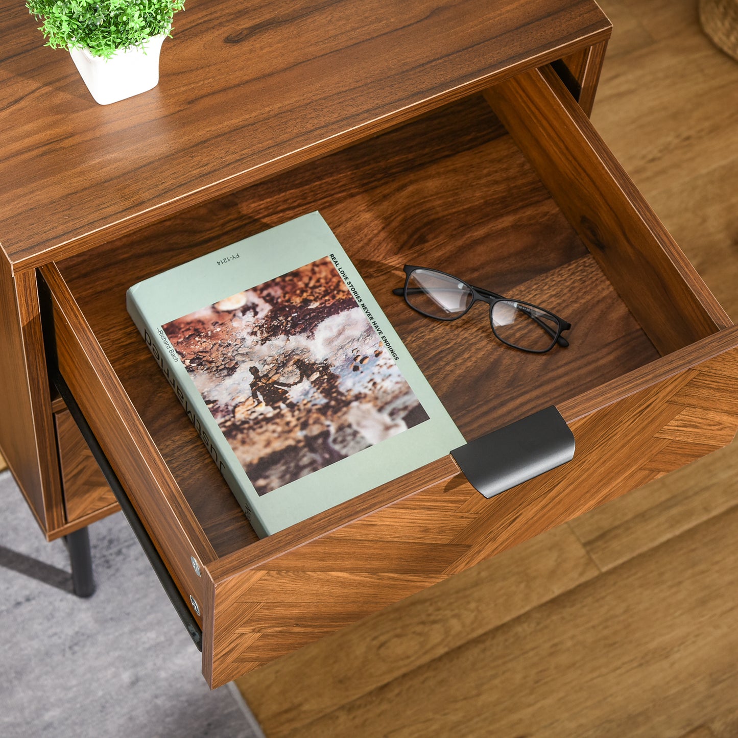 Bedside Table, Nightstand for Bedroom, End Side Table Dresser Storage with 2 Drawers, Walnut Brown
