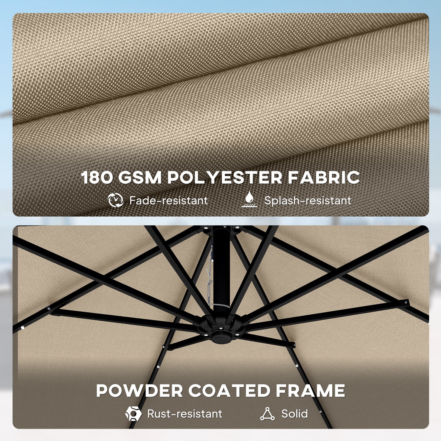 11.3 ft Cantilever Patio Umbrella with Light, Cover, Aluminium UPF50+ Offset Outdoor Umbrella Parasol, Khaki