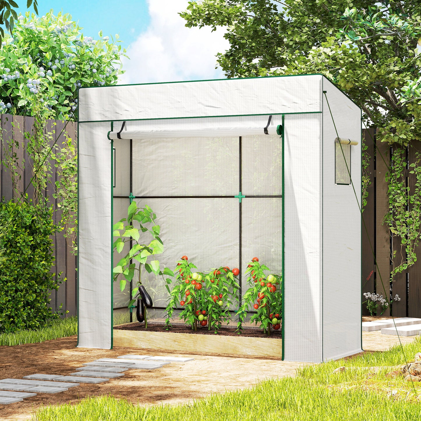 Walk-in Tomato Greenhouse Lean-to Green House with Reinforced PE Cover, Roll-up Door, Mesh Windows, White