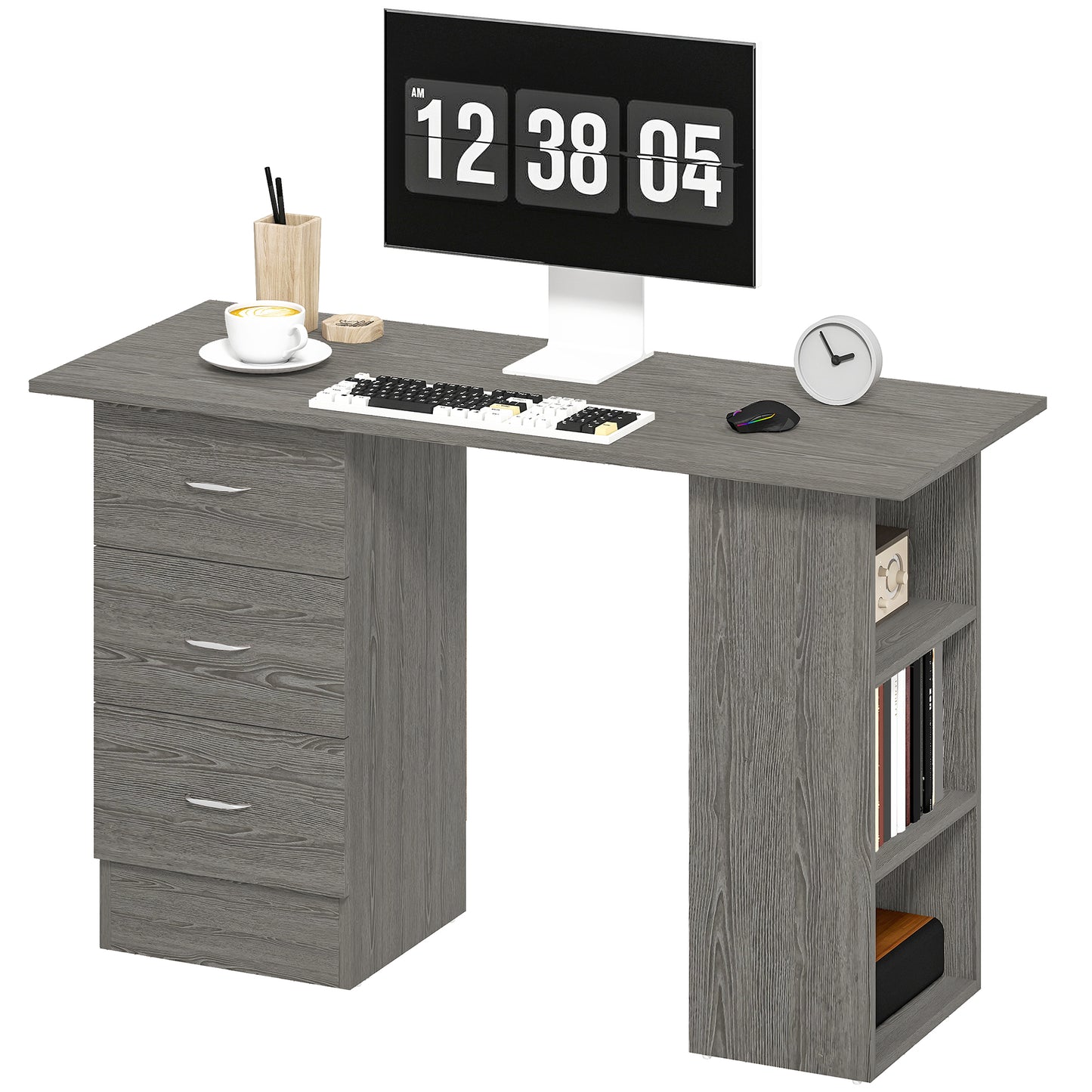 Computer Desk, 47" Writing Table with 3-Tier Shelves and 3 Reversible Drawers for Home Office, Bedroom, Grey