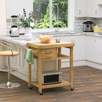 Bamboo Rolling Kitchen Island with Drawers and Shelves