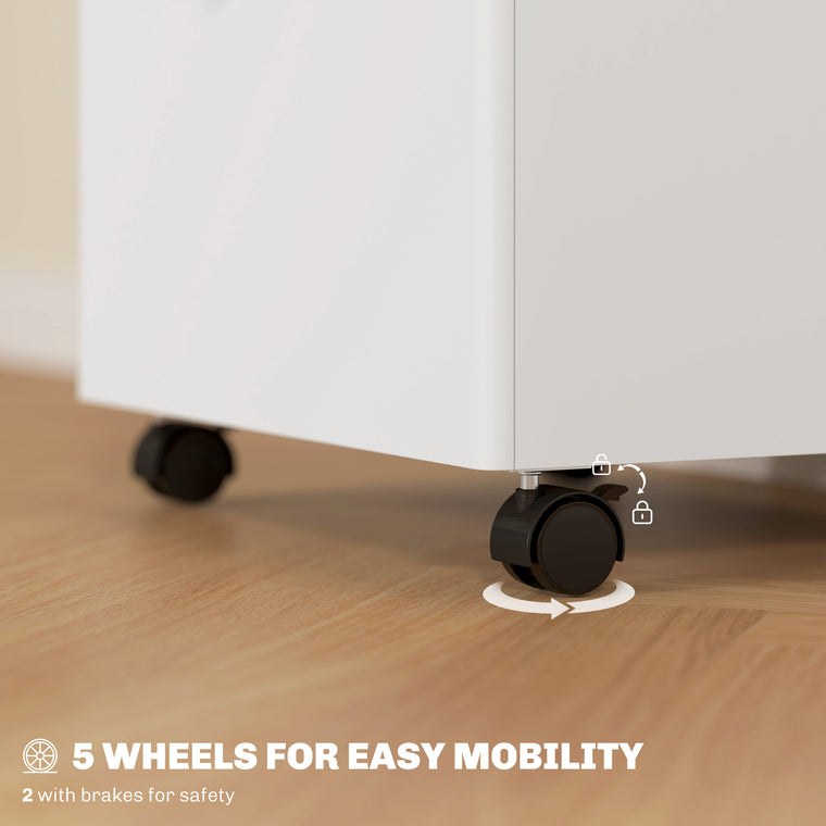 3-Drawer Filing Cabinet with Lock and Wheels - White