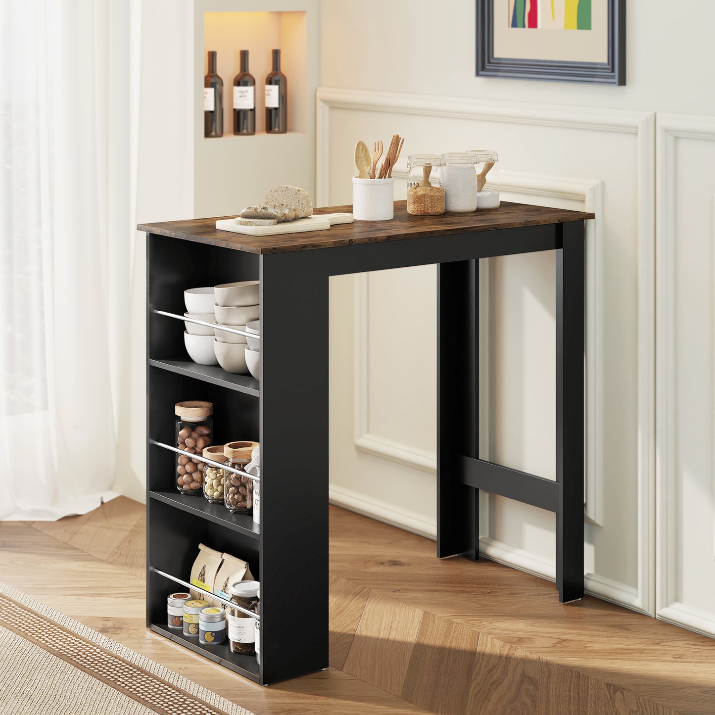 Modern Bar Table, Counter Height Dining Table with 3 Storage Shelves for Kitchen, Dining Room, Living Room, Rustic Brown