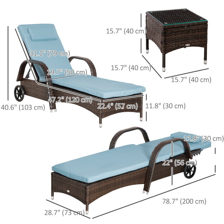 3-Piece Wicker Lounger Set with Table & 5-Level Backrest