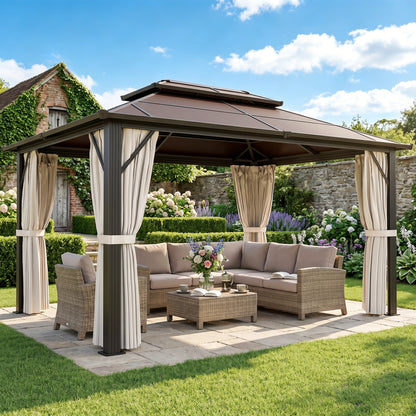 10' x 13' Beige Hardtop Gazebo with Double Polycarbonate Roof