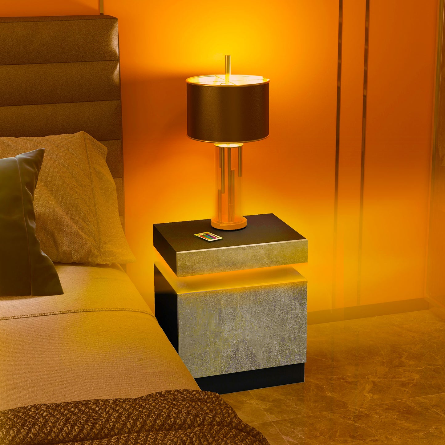 Nightstand, Bedside Table with LED Lights and 2 Drawers for Bedroom, Living Room, Cement Grey