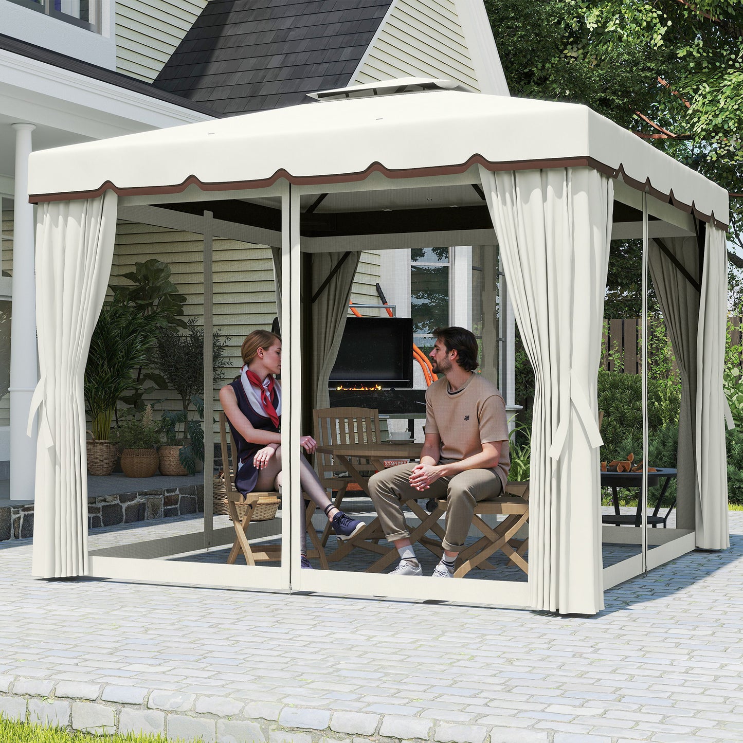 10' x 10' Outdoor Patio Gazebo, Double Soft-top Garden Shelter Tent with Curtains & Mesh Screen Drapes, Cream White
