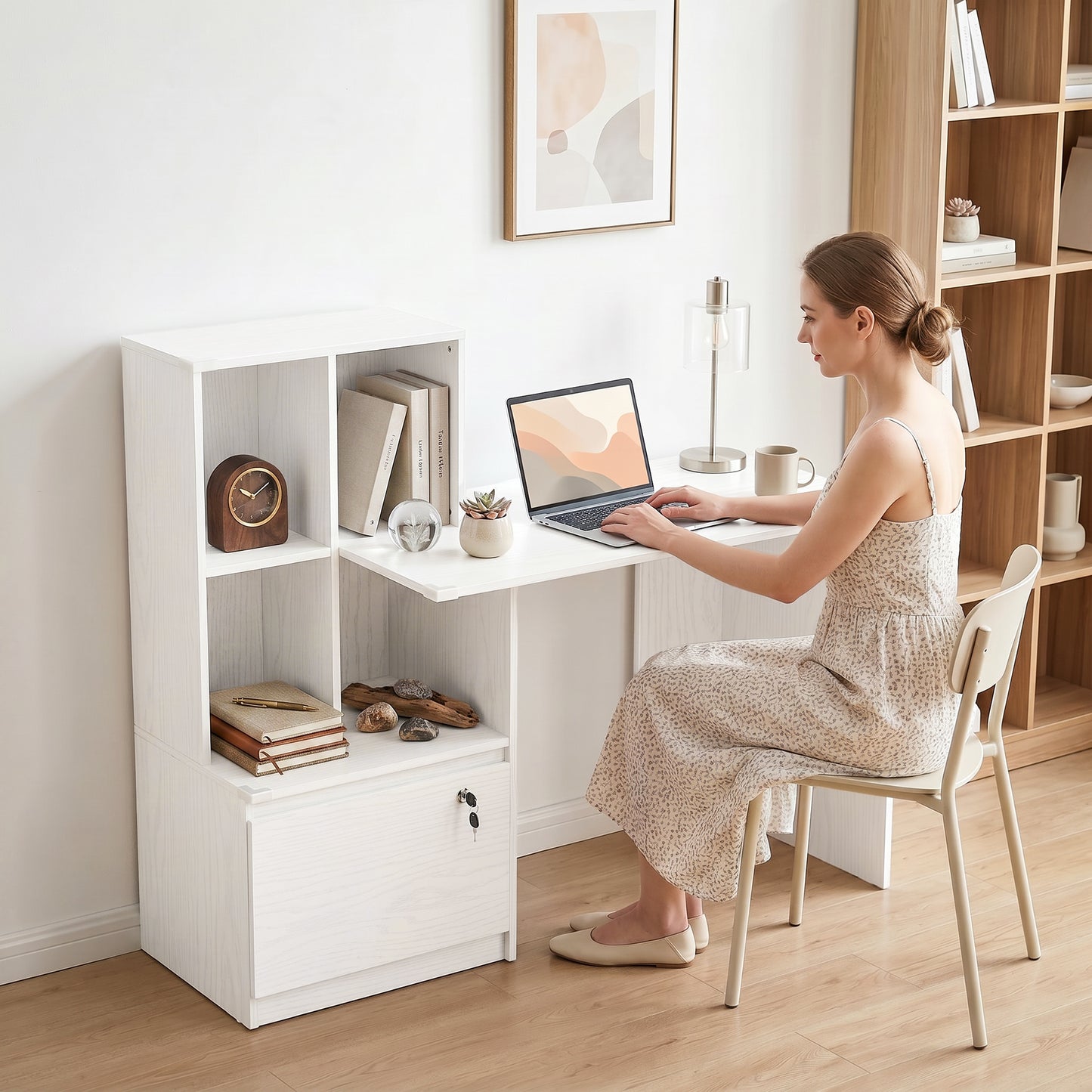 Computer Desk, Office Desk with Bookshelf, File Drawer and Legal Hanging File Holders, White Wood Grain