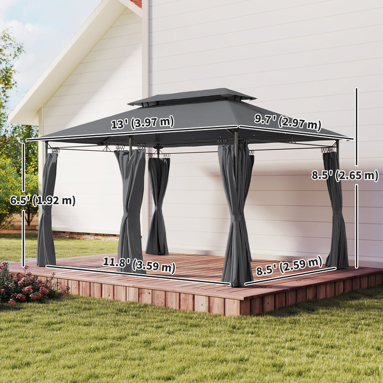 10' x 13' Grey Double Roof Patio Gazebo with Curtains