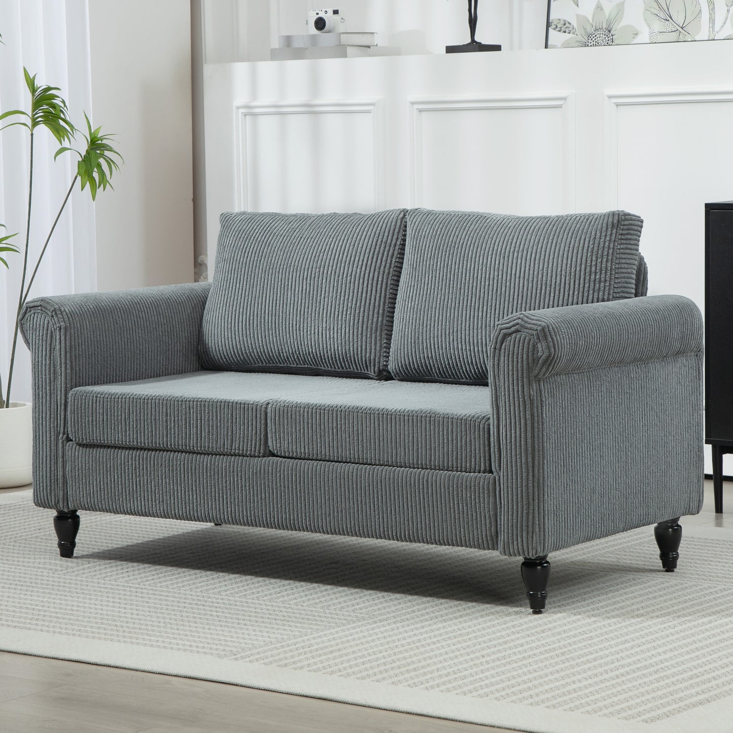 Vintage Loveseat, Upholstered Love Seat Furniture, Fabric 2 Seater Sofa with Rolled Arms, Rubber Wood Legs, Grey