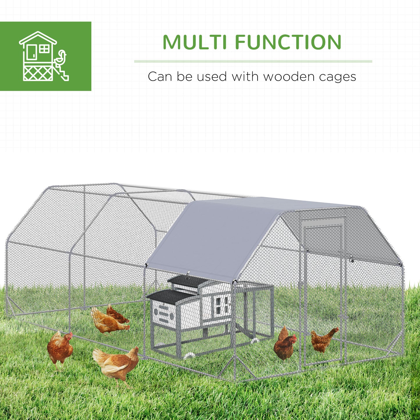 Chicken Run Outdoor, Galvanized Large Metal Chicken Coop Cage, Walk-in Enclosure Poultry Hen Run House Playpen Rabbit Hutch with Flat Roof, Cover