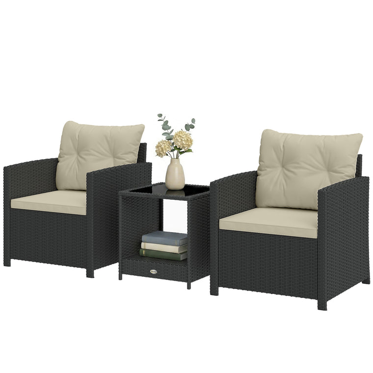 3-Piece Wicker Bistro Set with 2-Tier Glass Table