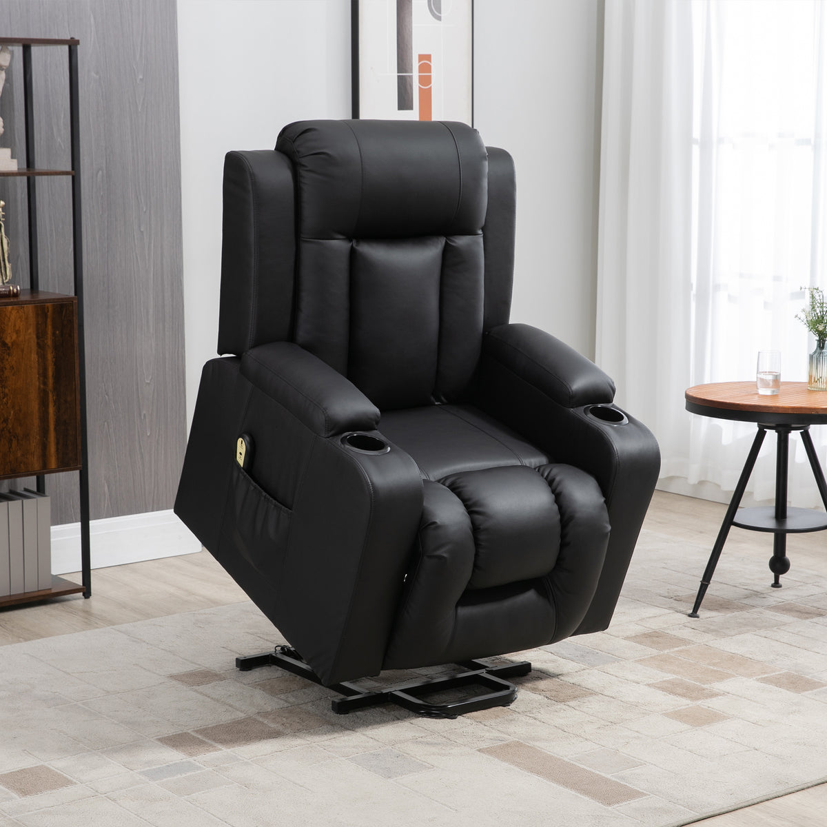 Power Lift Recliner Chair for Elderly, PU Leather Electric Recliner Chair with Footrest, Remote Control, Side Pockets and Cup Holders for Living Room, Black