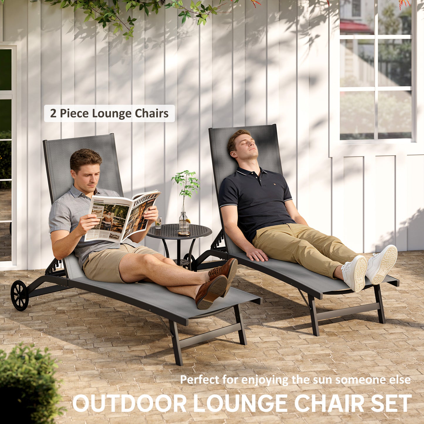 Outdoor Lounge Chair Set of 2, Tanning Chair with Wheels, Breathable Mesh for Patio, Backyard, Poolside, Dark Grey
