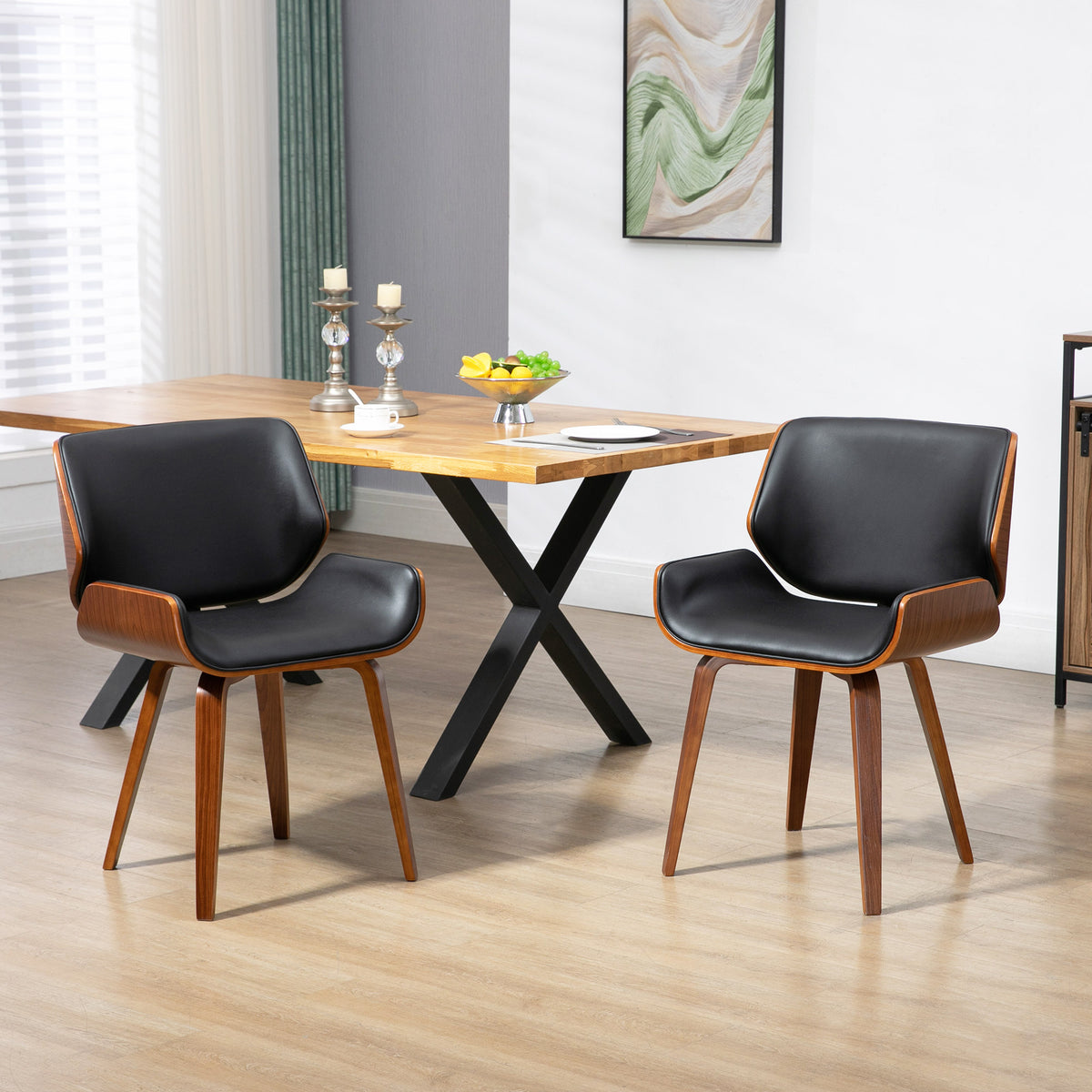 Dining Chairs Set of 2, PU Leather Kitchen Chairs with Upholstered Seats and Solid Wood Legs for Dining Room, Black