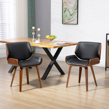 Set of 2 PU Leather Dining Chairs with Wood Legs - Black