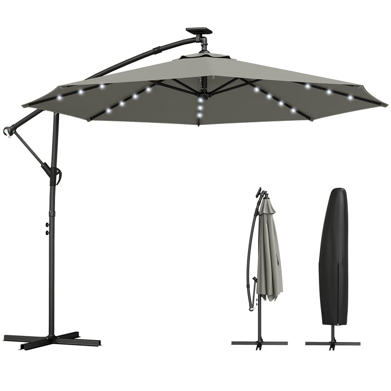 9.7' Grey Cantilever Patio Umbrella with Solar Light
