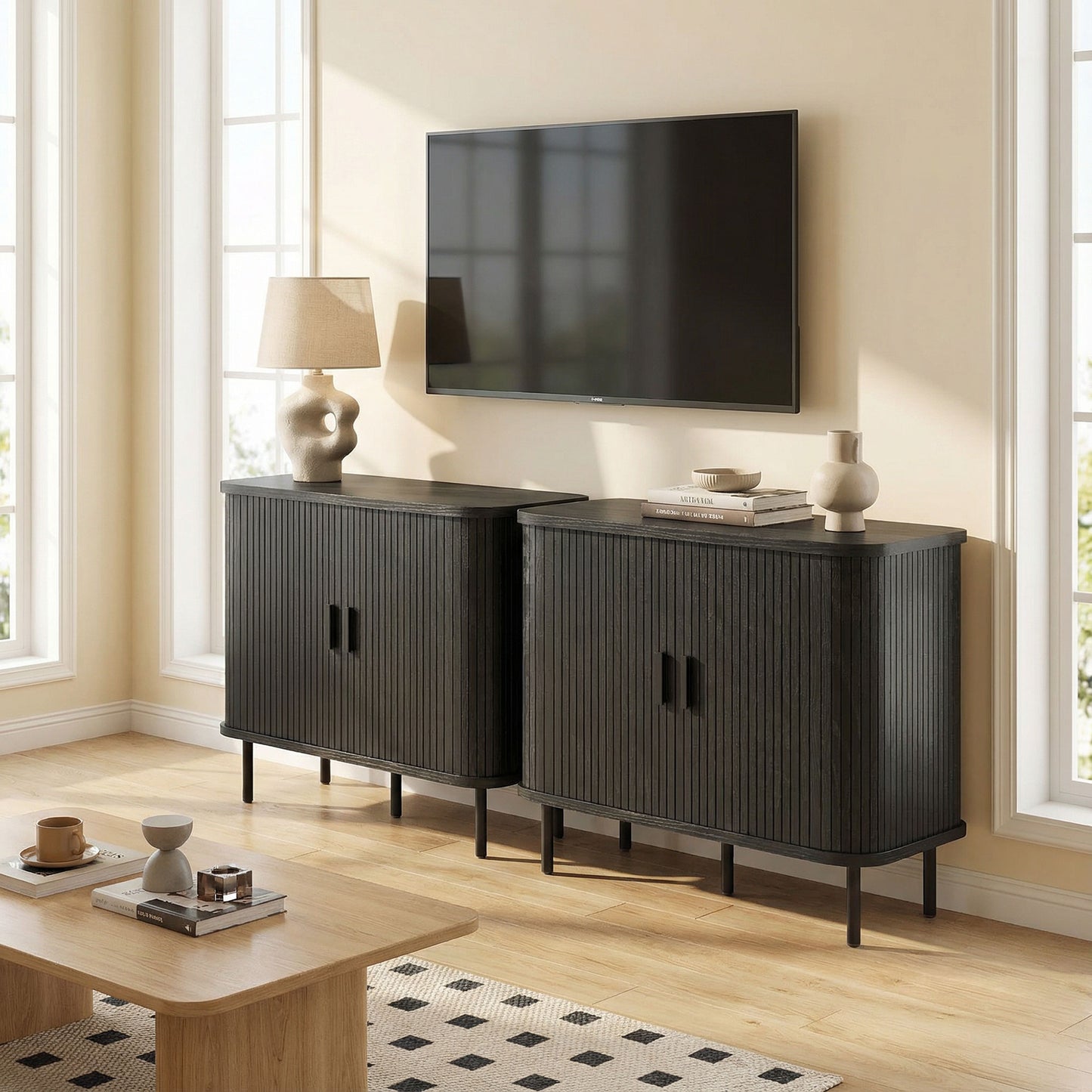 35.4" Sideboard Buffet Cabinet with Storage, Nordic Coffee Bar Cabinet with Slatted Tambour Doors and Metal Legs, Black
