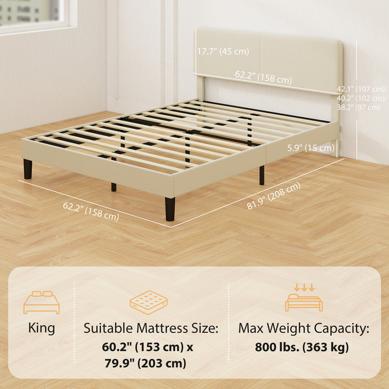 Queen Platform Bed Frame with Adjustable Headboard - Light Grey