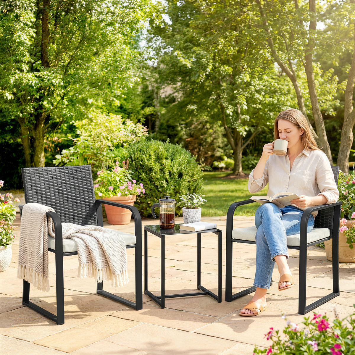 Outdoor Bistro Set, 3 Piece Wicker Patio Furniture with Mesh Seat, Glass Table, Cushions for Porch, Balcony, Cream White