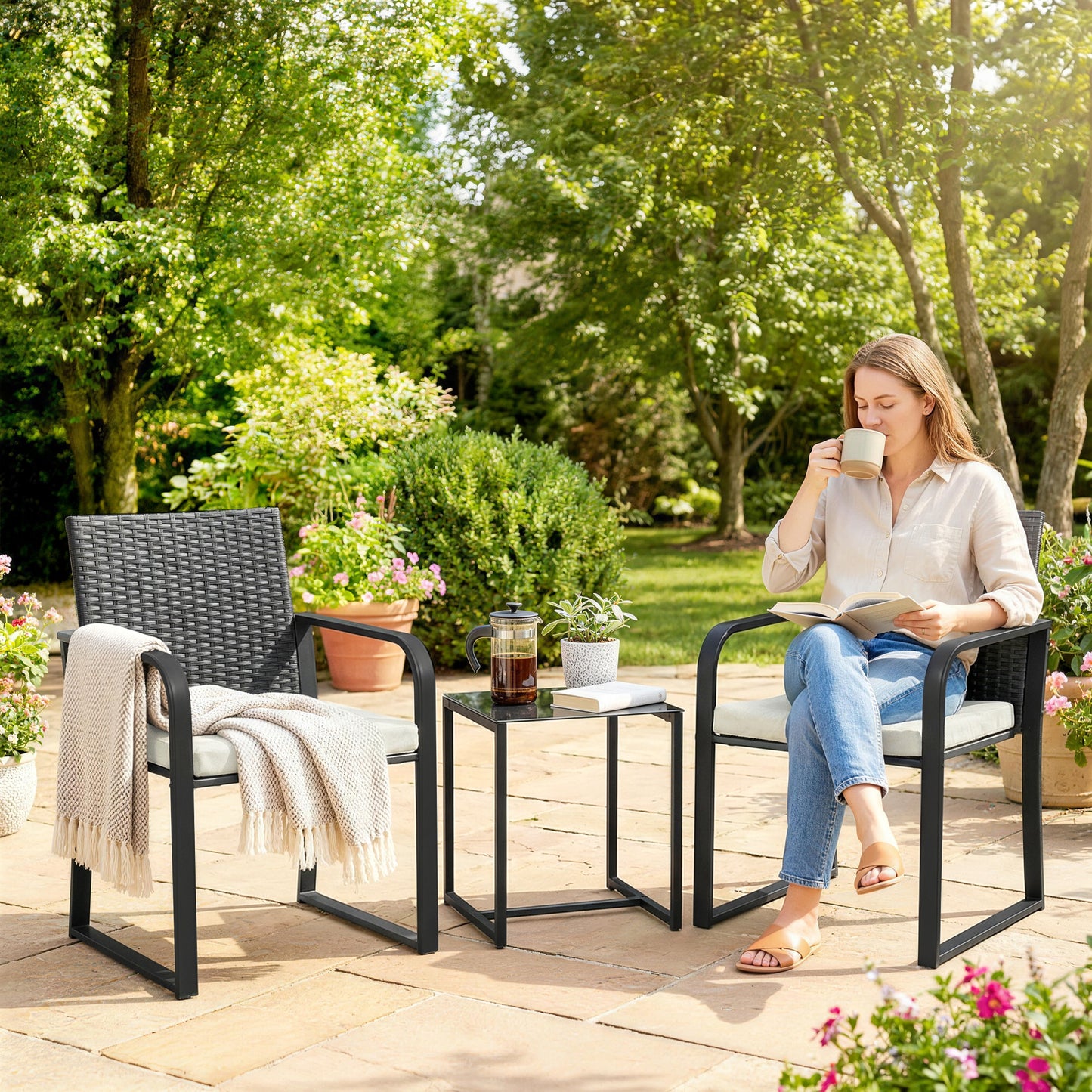 Outdoor Bistro Set, 3 Piece Wicker Patio Furniture with Mesh Seat, Glass Table, Cushions for Porch, Balcony, Grey - Black