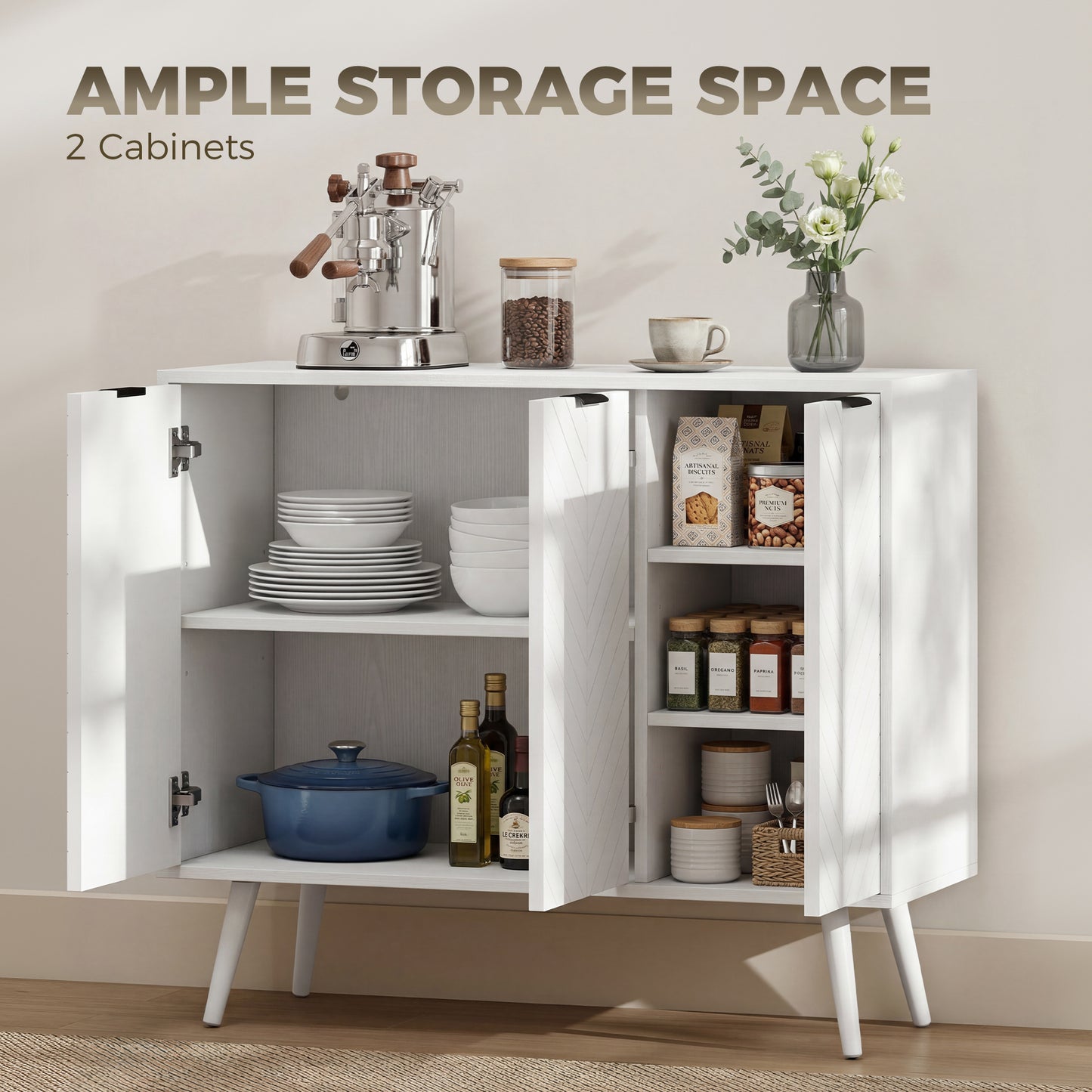 Modern Sideboard and Buffet, Dining Room Cabinet with Adjustable Shelves and 3 Doors, White