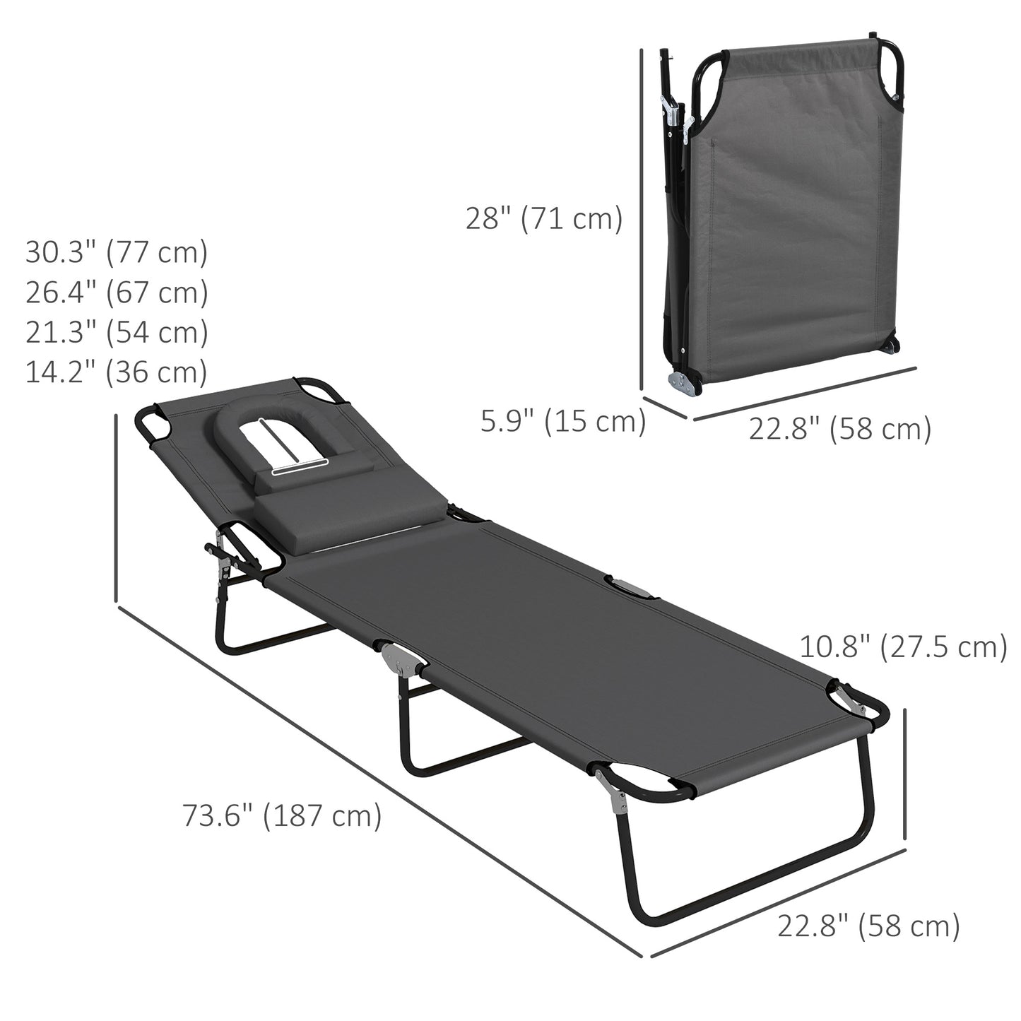 Folding Lounge Chair Set of 2, Reclining Beach Tanning Chair with Face Hole, Pillow, 4-Position Adjustable Flat Sun Lounger, Steel Frame for Outdoor Patio Pool, Green