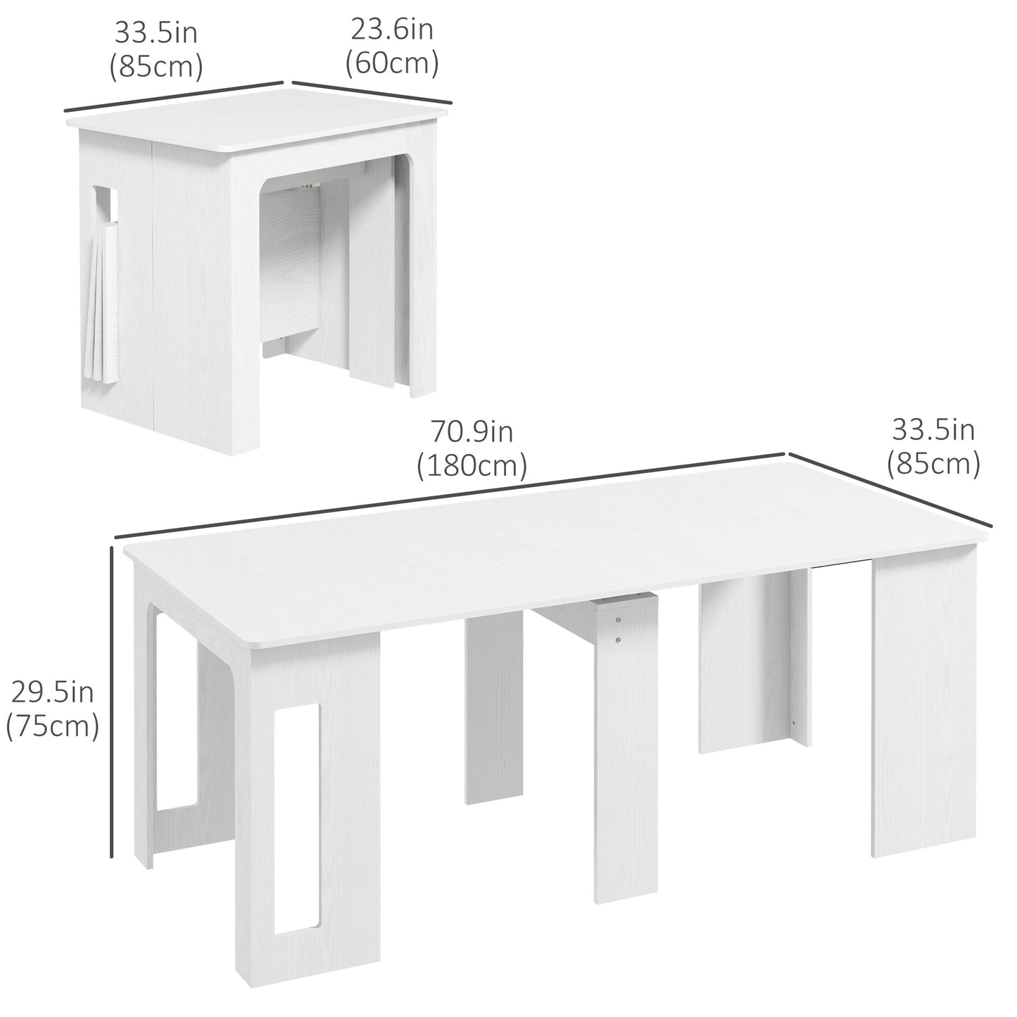 23.6"-70.9" Extendable Dining Table for 6-8 People, Space-Saving Rectangular Kitchen Table for Small Spaces, Dining Room, Kitchen, Living Room, White