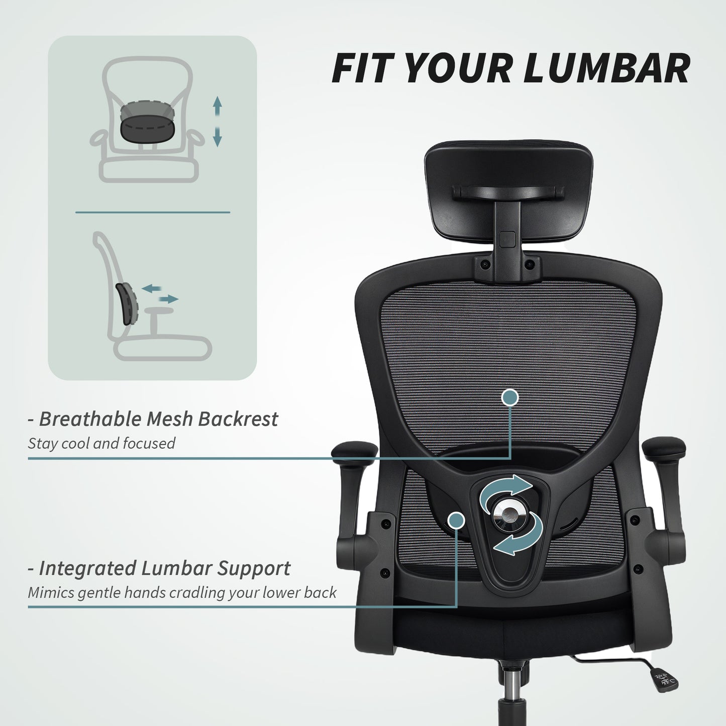 Ergonomic Office Chair, Mesh Desk Chair with Adjustable Headrest, Lumbar Support and Height, Flip-Up Armrests, Black