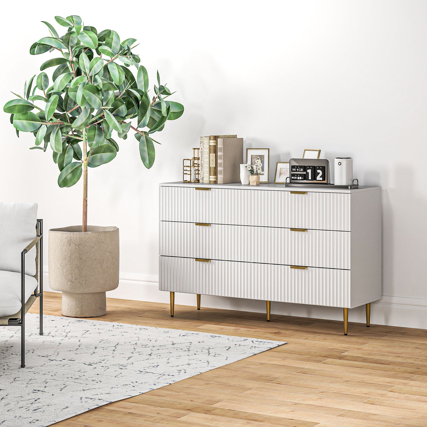 Modern Chest of Drawers 6 Drawer Dresser for Bedroom with Gold Legs and Handles, White