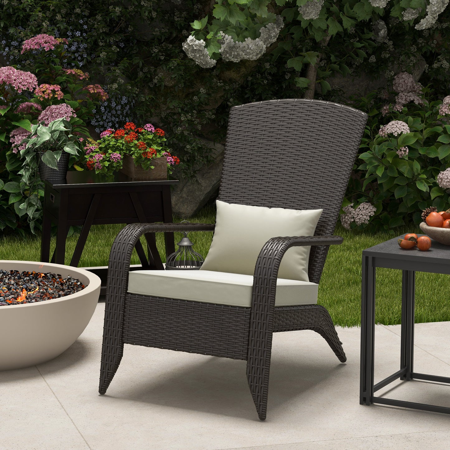 Patio Wicker Adirondack Chair, Outdoor Rattan Muskoka Chair with Cushions for Patio, Garden, Backyard Dark Blue