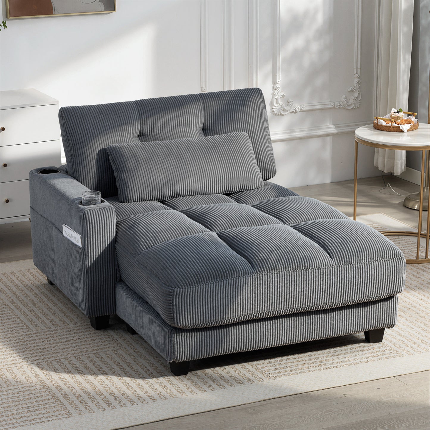 58" Chaise Lounge Indoor, Oversized Corduroy Sofa Bed with 2 Cup Holders, Pillow, Deep Seat Sleeper Couch, Dark Grey
