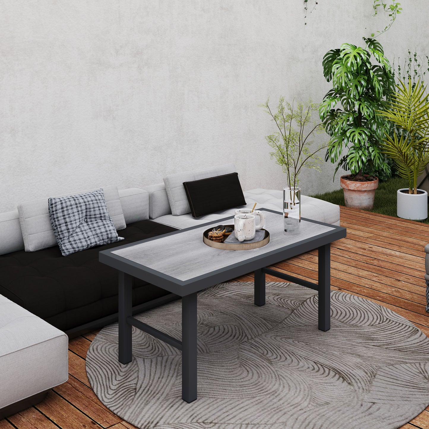 Outdoor Side Table with SPC Woodgrain Tabletop, Metal Patio Coffee Table for Outside Garden, Distressed Grey