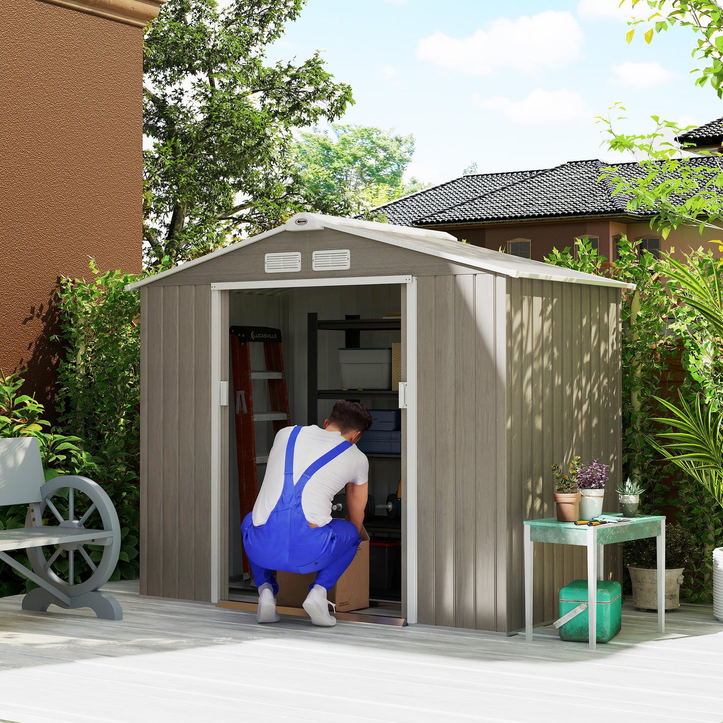 7' x 4' x 6' Garden Storage Shed Outdoor Patio Metal Tool Storage House w/ Foundation Kit and Double Doors Light Brown