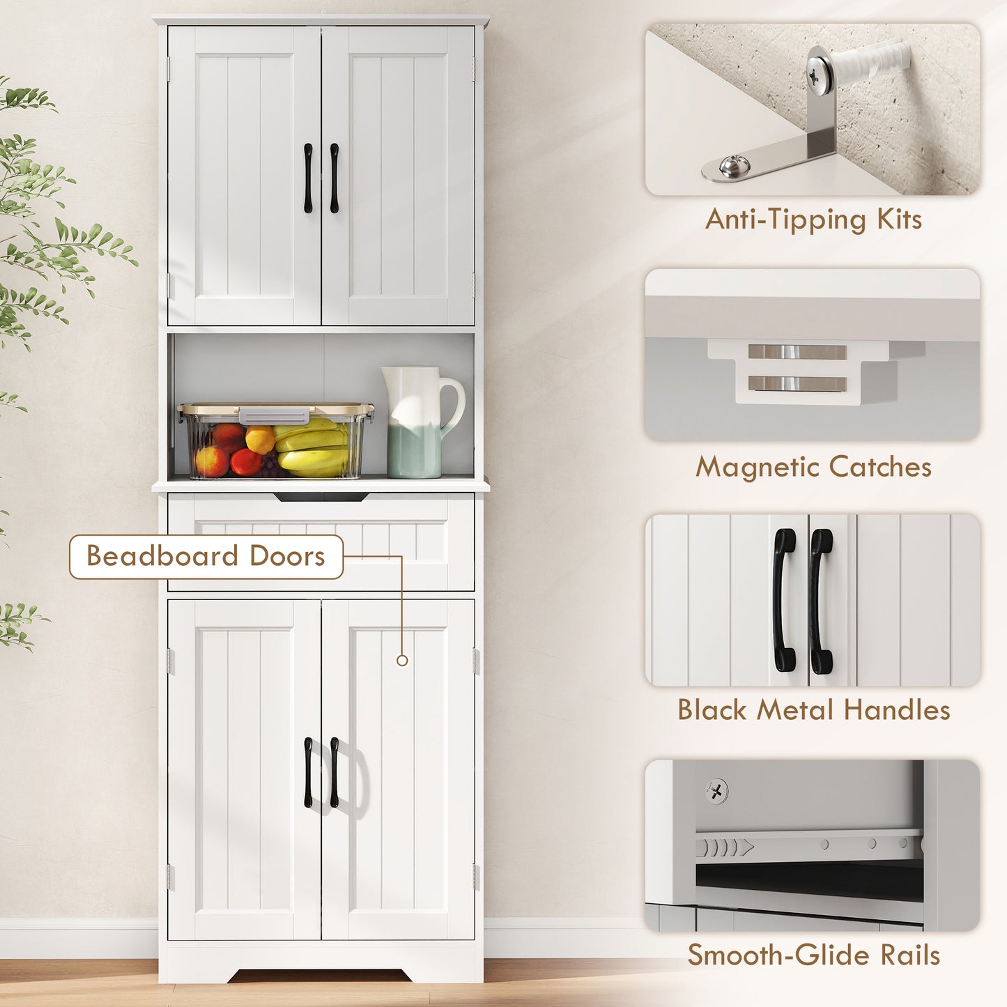 Kitchen Buffet with Hutch, 68" Tall Kitchen Pantry Cabinet with Small Open Counter, 4 Doors, Drawer, White