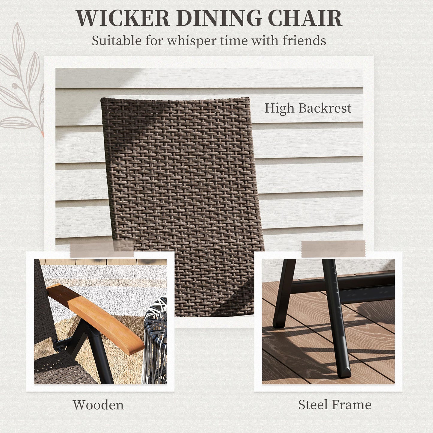Folding Wicker Patio Dining Chair with 5-level Reclining Back, Wooden Armrests for Outdoor, Garden, Backyard, Brown