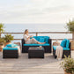 5 Piece Patio Furniture Set, L-Shape Wicker Outdoor Sectional with 3 Chairs, Ottoman, Glass Table, Cushions, Turquoise