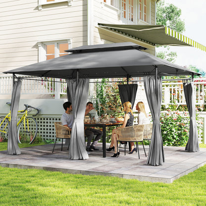 10' x 13' Dark Grey Double Roof Patio Gazebo with Curtains
