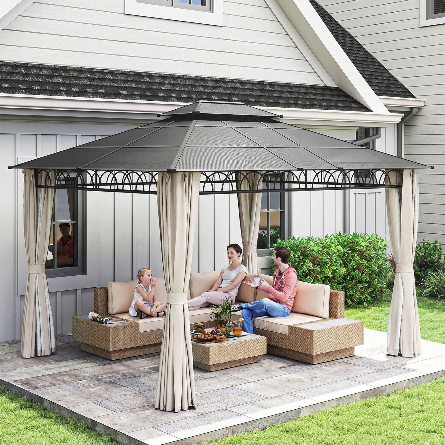 10' x 12' Outdoor Gazebo Canopy, Double Roof Hardtop Gazebo with Polycarbonate Roof, Steel Frame, Nettings and Curtains