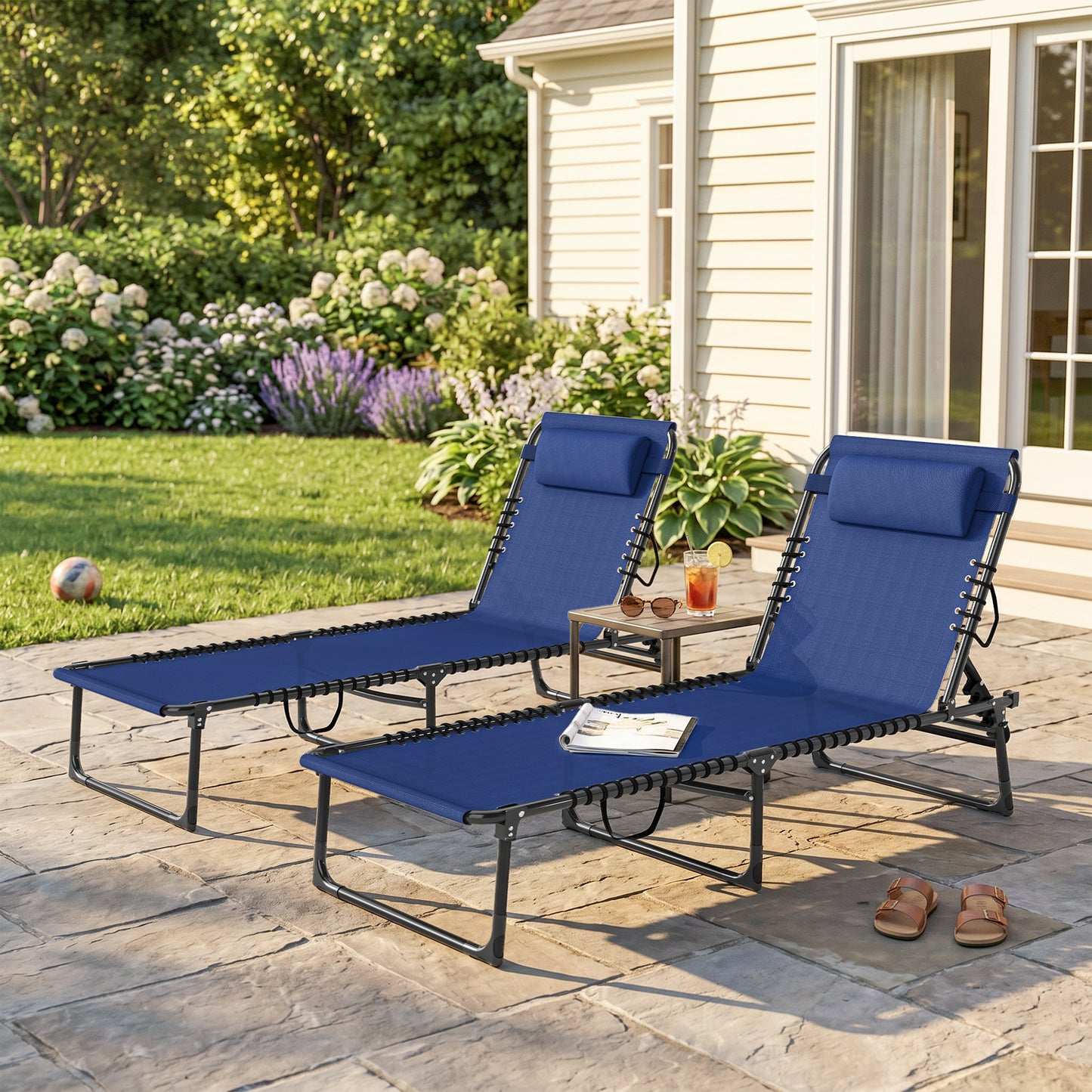 2 PCs Folding Lounge Chairs, Adjustable Chaise Lounge with Headrest, Reclining Lounger Cot for Camping, Hiking, Blue